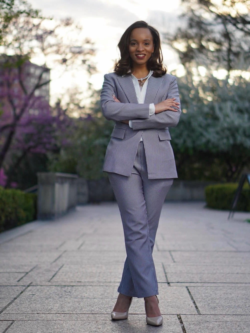 Tailored Pinstripe Women's Pantsuit - Blue Gray